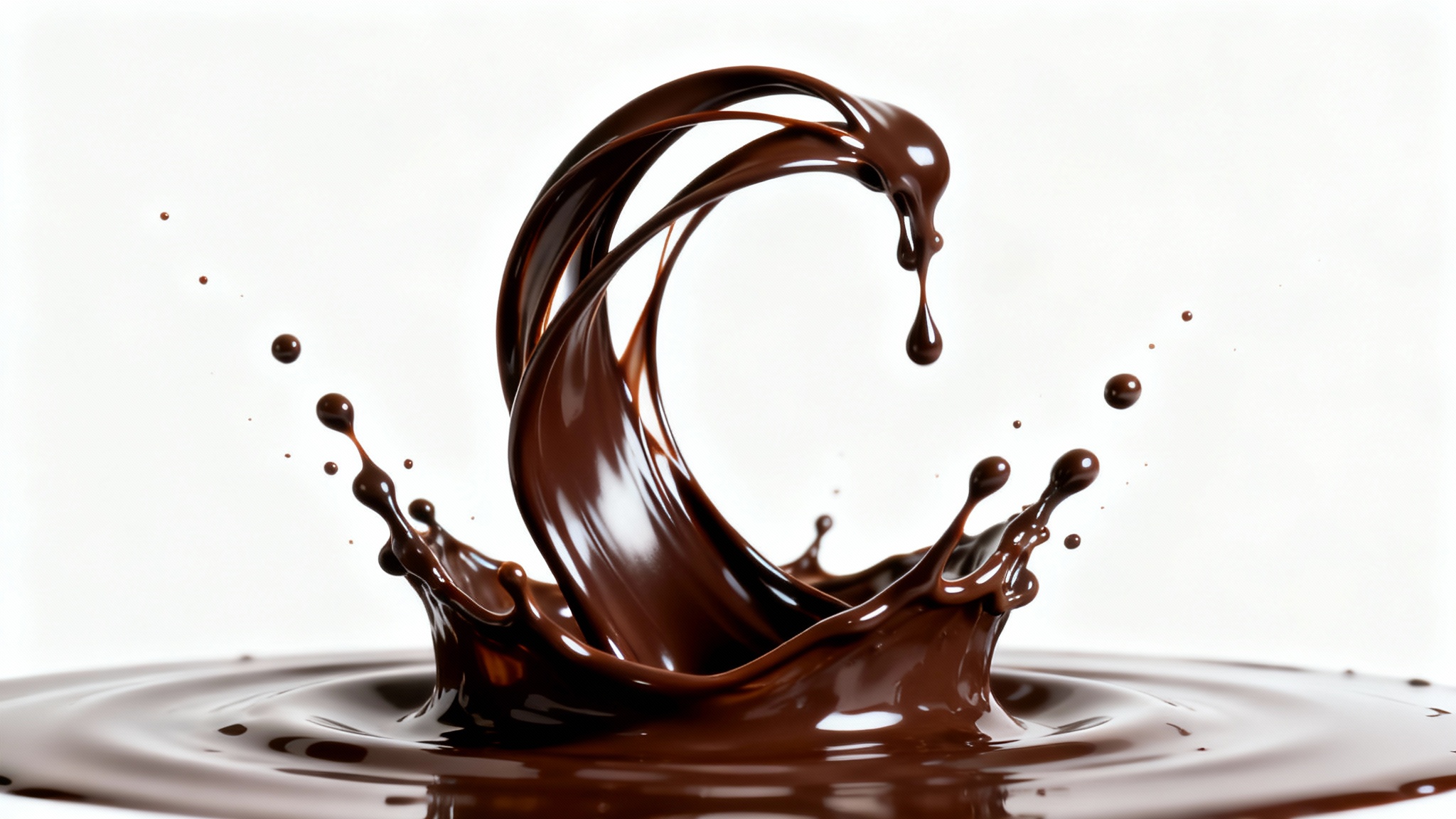 A dynamic, high-speed photograph of a rich, dark chocolate splash, frozen in mid-air against a clean white background, showcasing its glossy texture.