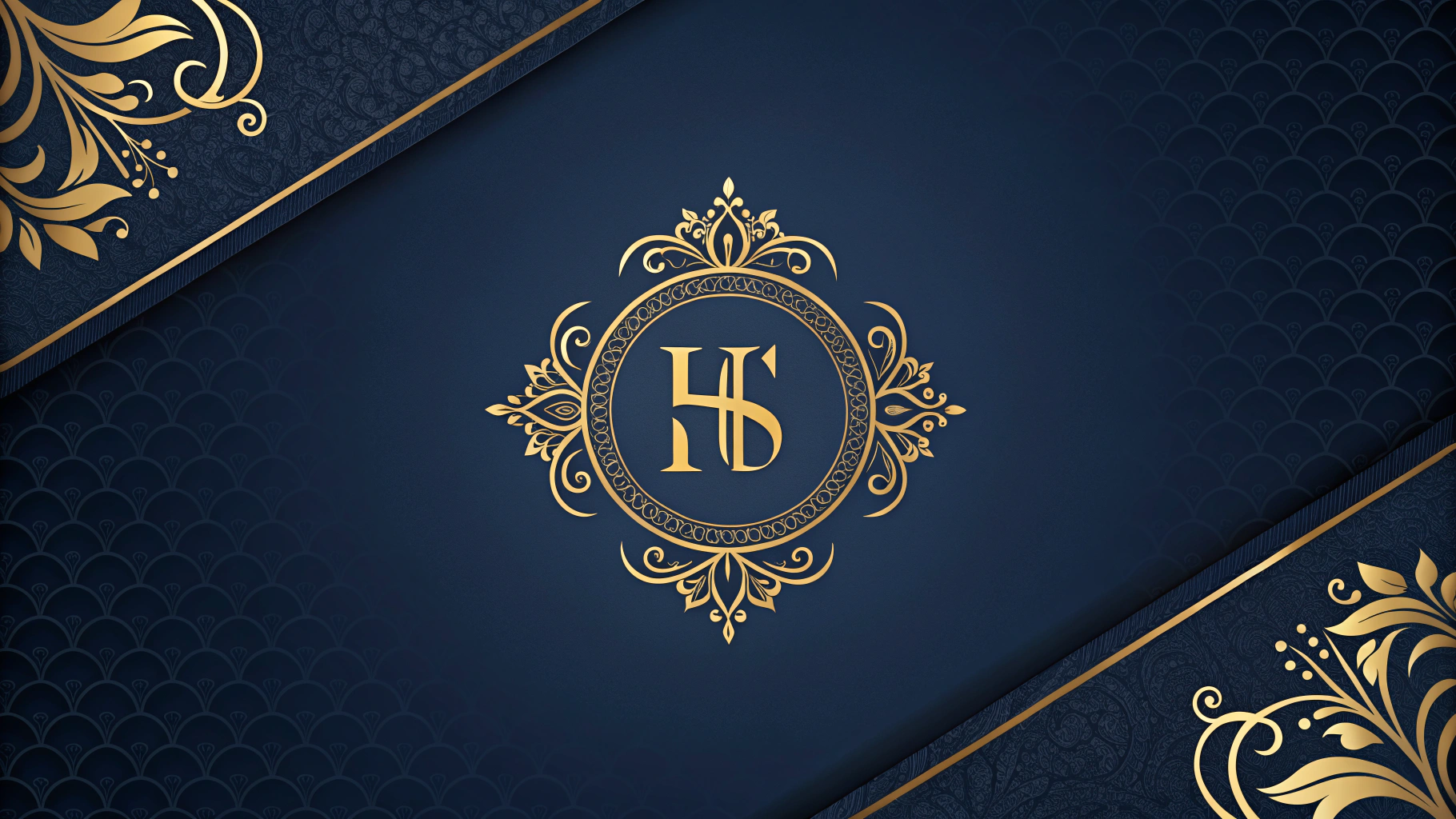 An elegant background for a luxury hotel, featuring a deep navy blue and gold color palette, subtle embossed filigree patterns, and a central golden monogram crest. The final result looks polished and exclusive.
