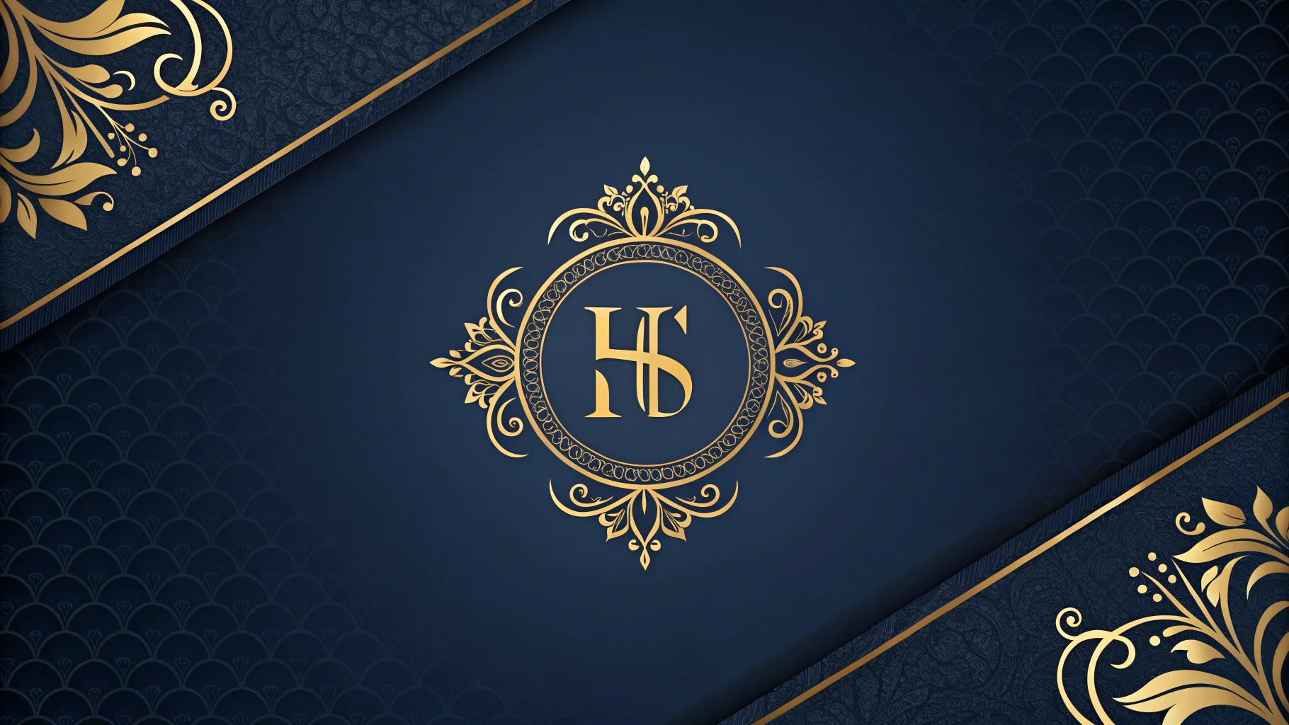 An elegant background for a luxury hotel, featuring a deep navy blue and gold color palette, subtle embossed filigree patterns, and a central golden monogram crest. The final result looks polished and exclusive.