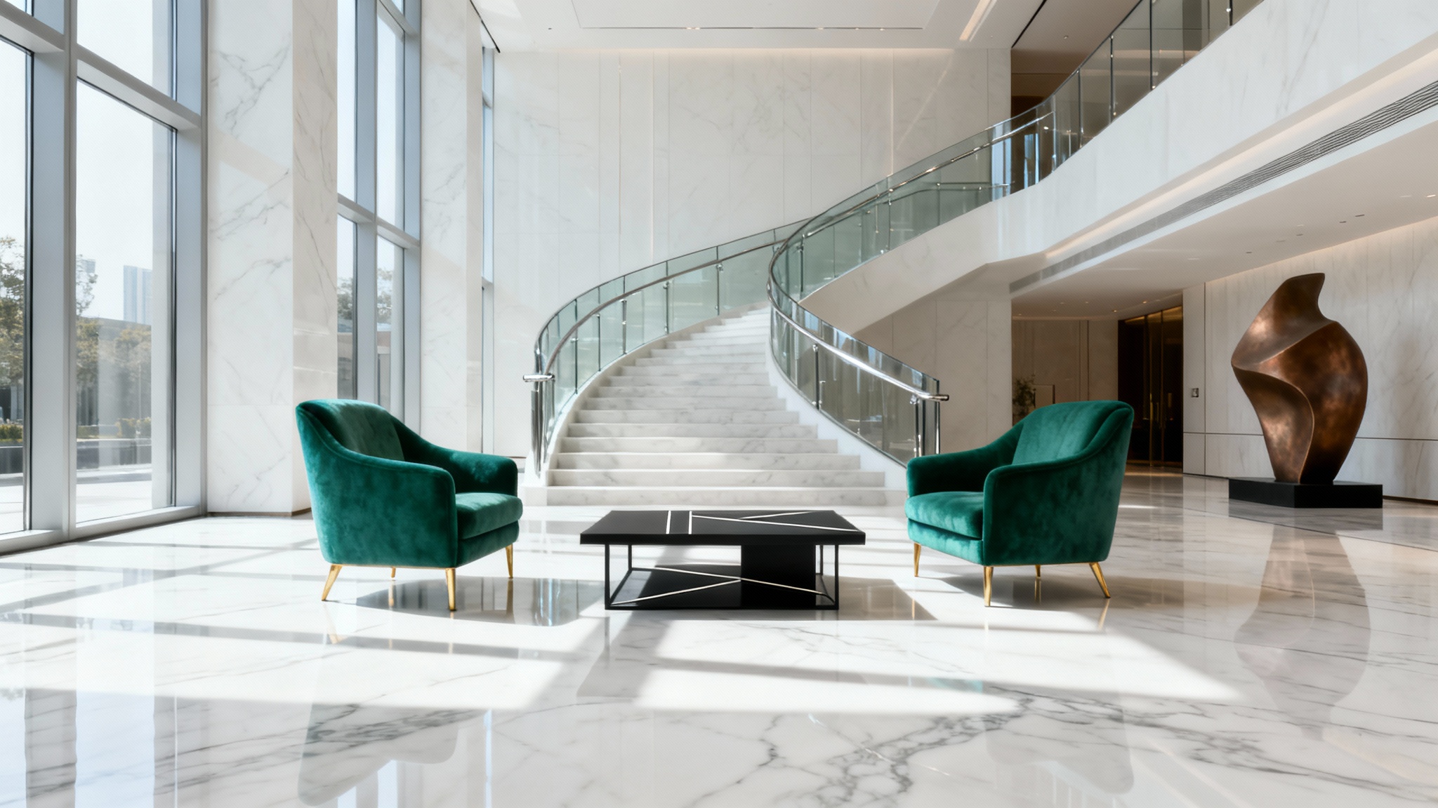 A photorealistic image of a bright, modern luxury hotel lobby with polished marble floors, plush seating, and large windows, creating an atmosphere of serene opulence.