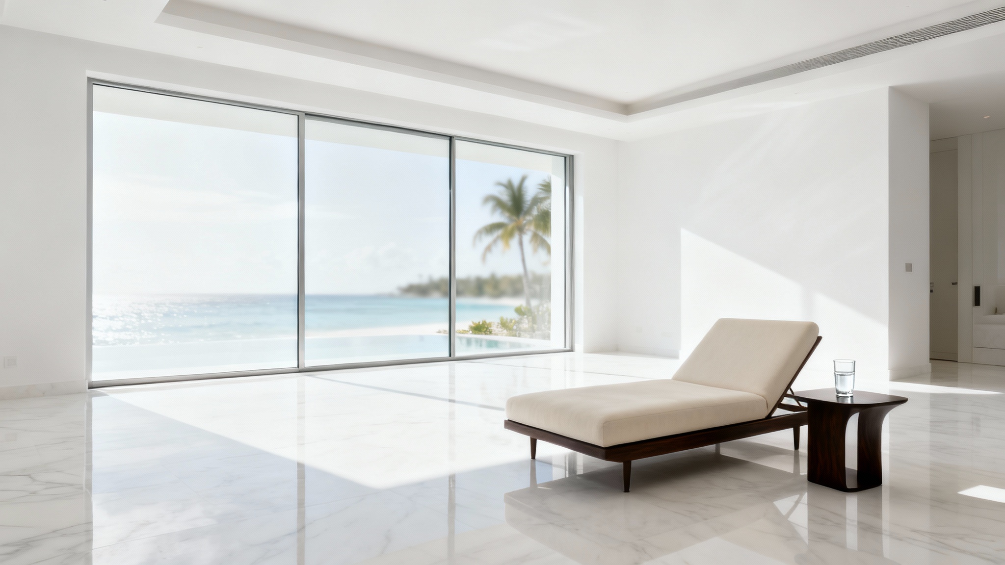 A serene and minimalist luxury hotel room with a cream chaise lounge, white marble floors, and a large window with a view of a tropical paradise.