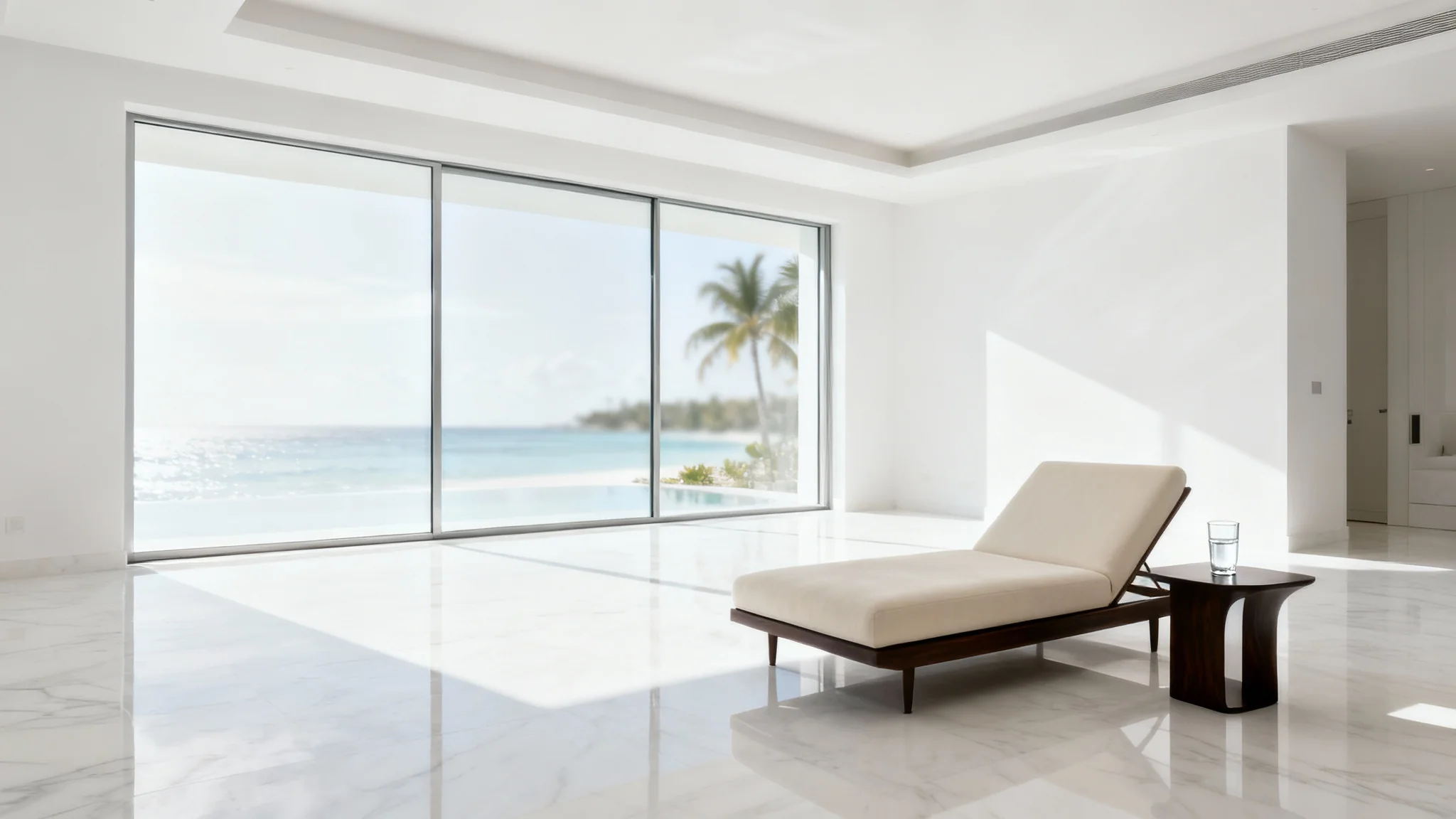 A serene and minimalist luxury hotel room with a cream chaise lounge, white marble floors, and a large window with a view of a tropical paradise.