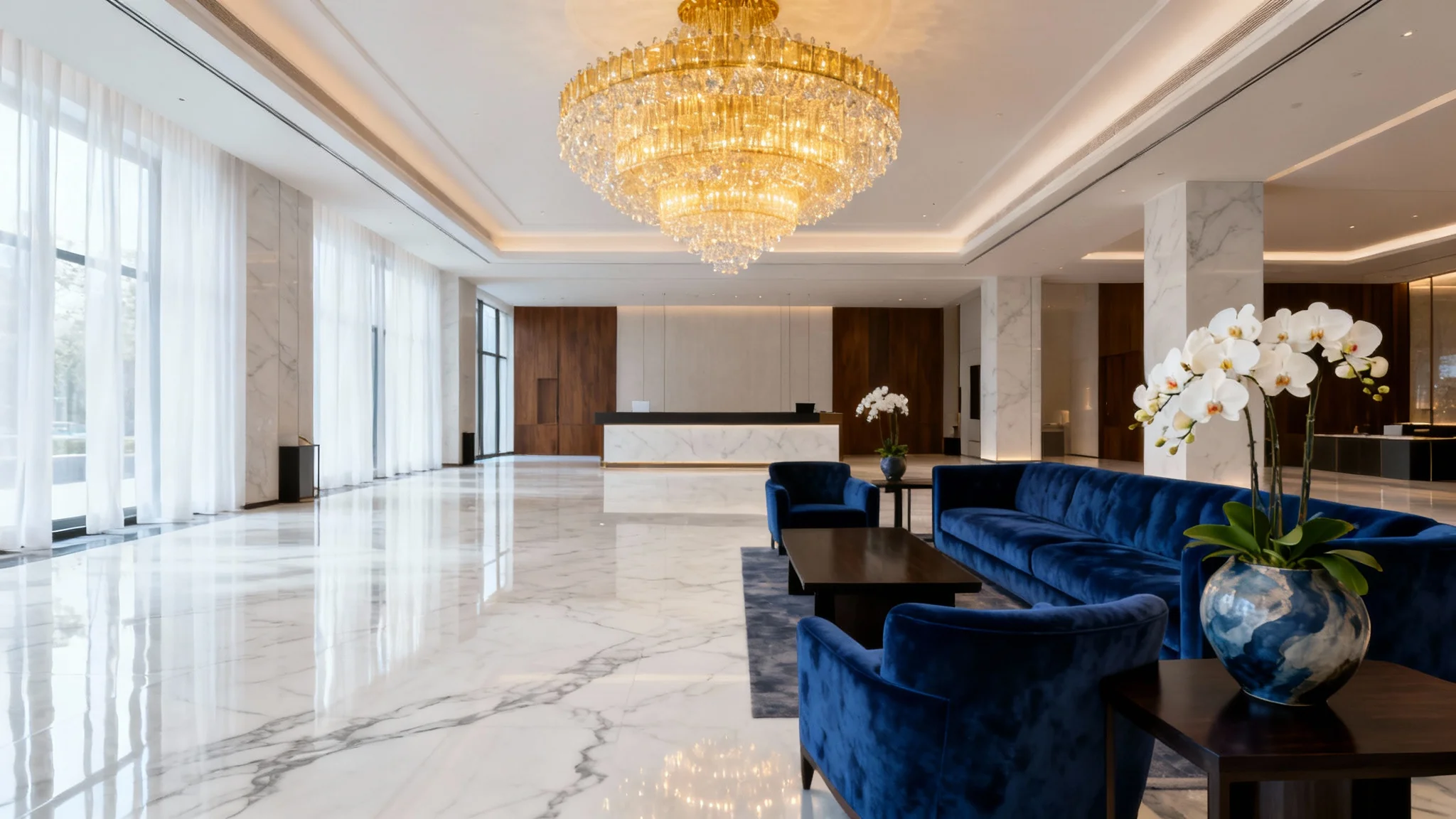 An opulent and serene luxury hotel lobby with high ceilings, a crystal chandelier, and plush velvet seating, conveying an atmosphere of modern elegance and exclusivity.