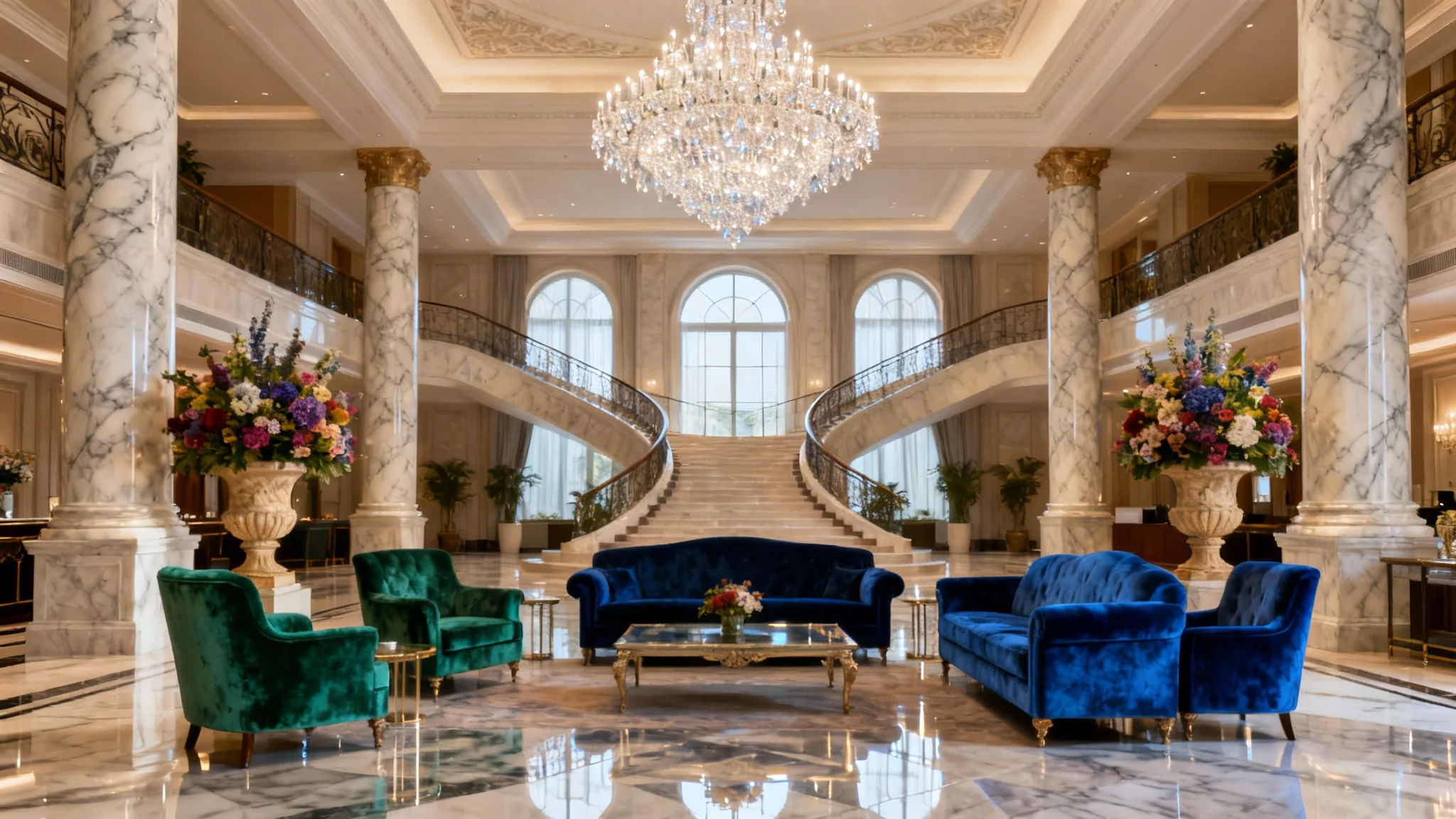 A stunning and spacious luxury hotel lobby with high ceilings, a crystal chandelier, marble floors, and elegant velvet seating areas, conveying a sense of opulence and comfort.