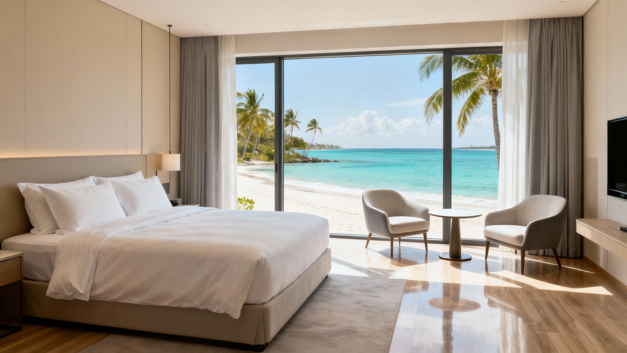 A photorealistic image of a luxurious hotel room with a large window showing a beautiful tropical beach view, conveying a sense of opulence and relaxation.