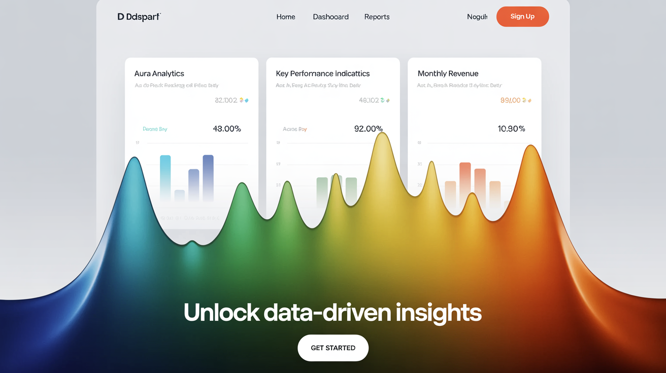 A mockup of a modern website dashboard interface, displayed against a light gray background. The website's design features a prominent background gradient that shifts from deep blue to teal, green, yellow, and orange. White cards with charts and text are layered on top.