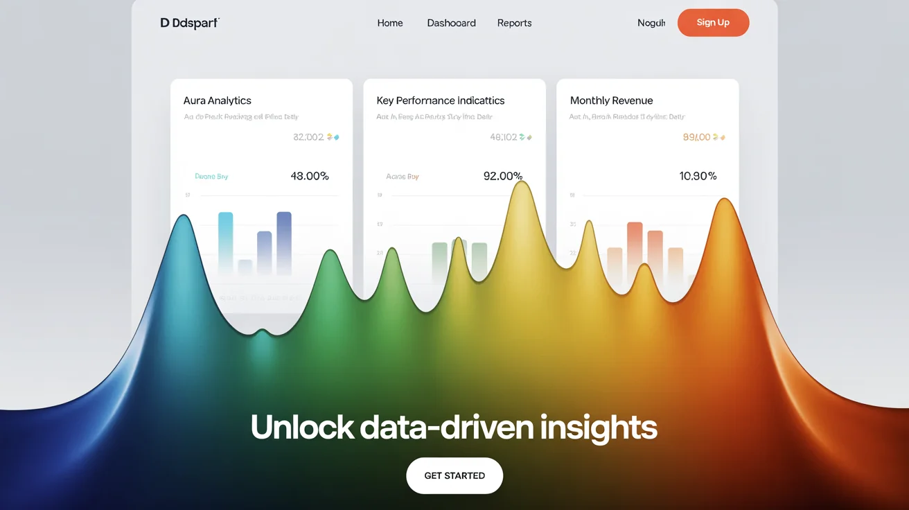 A mockup of a modern website dashboard interface, displayed against a light gray background. The website's design features a prominent background gradient that shifts from deep blue to teal, green, yellow, and orange. White cards with charts and text are layered on top.