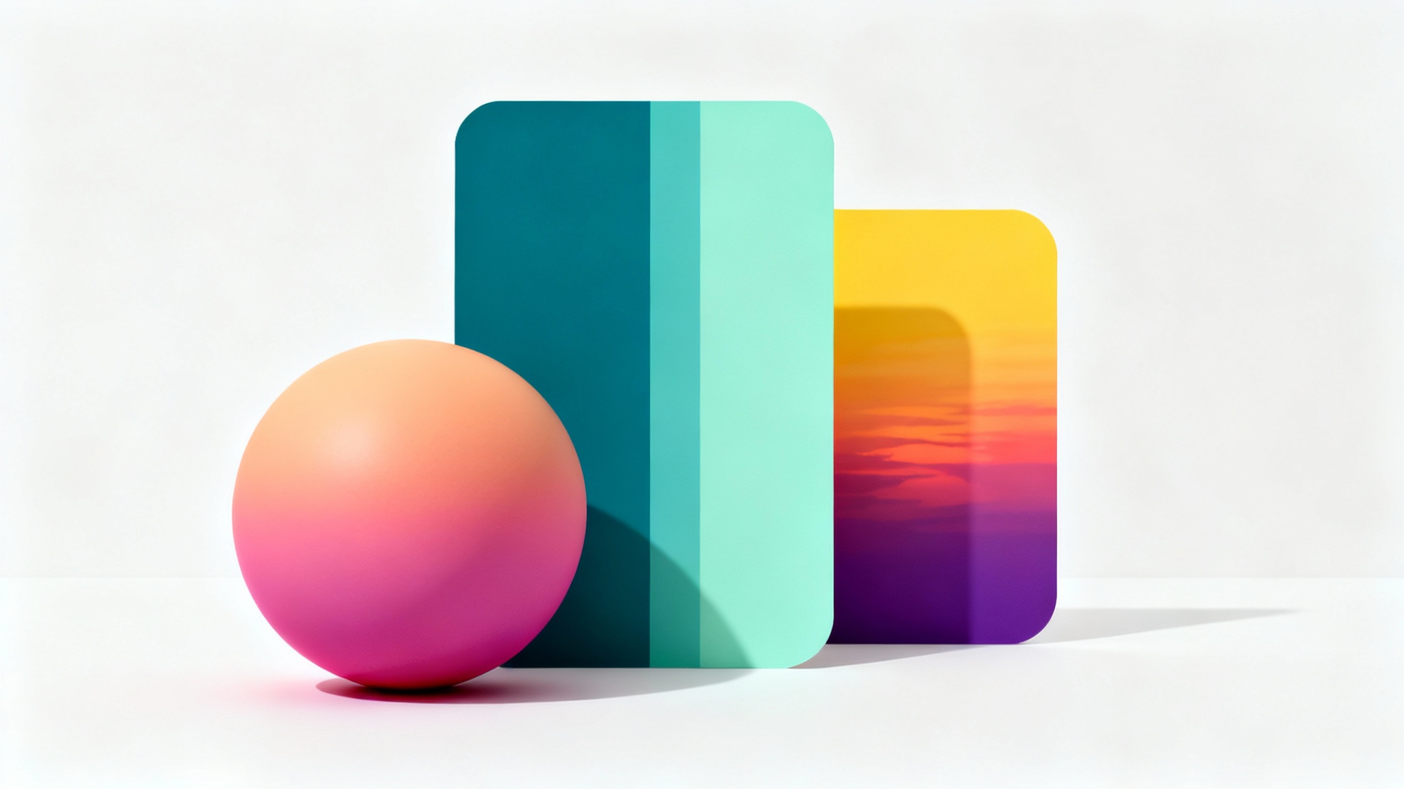 A mockup showcasing various objects with smooth, vibrant color gradients, arranged on a clean white background to represent gradient color palettes.