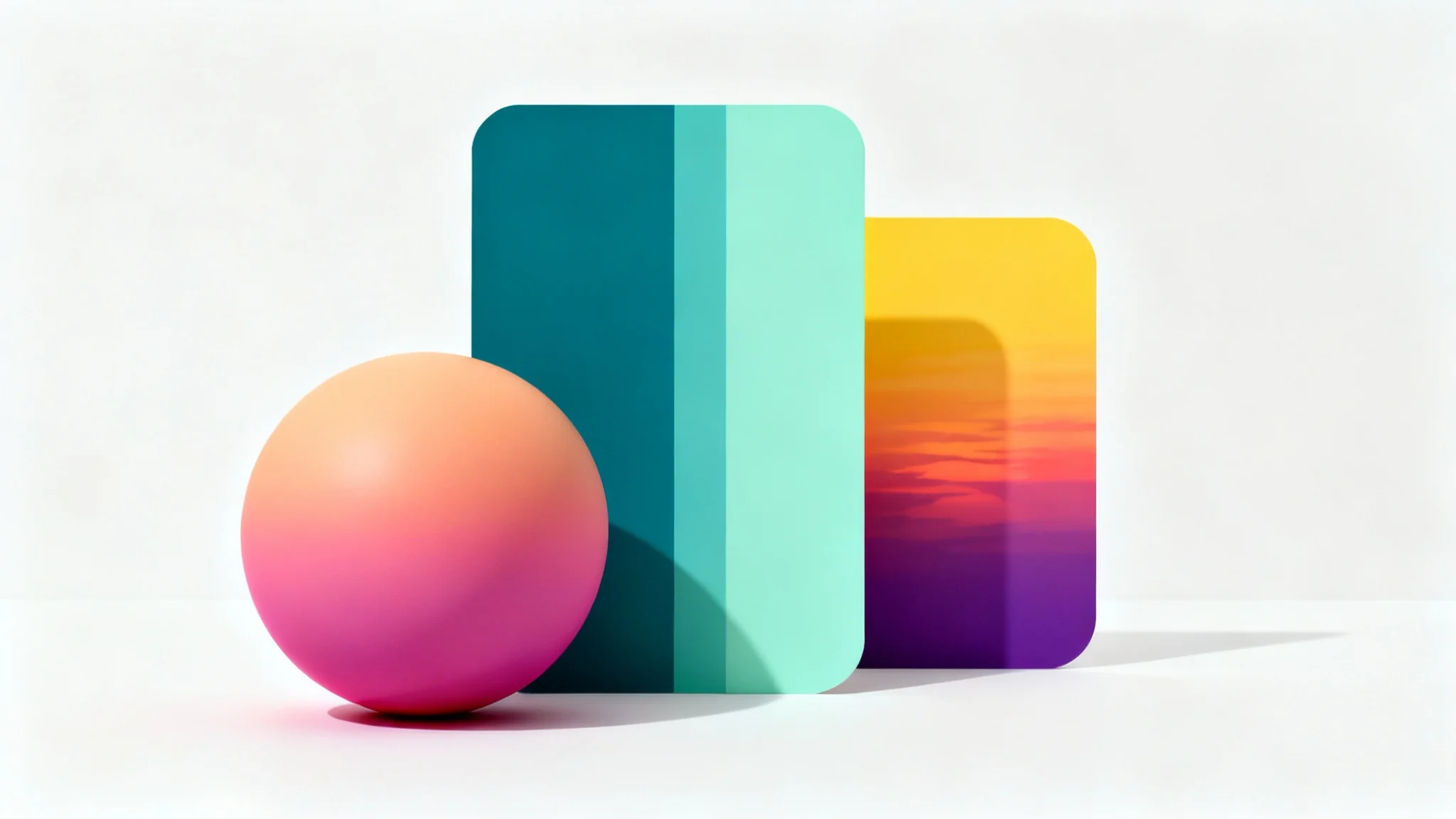 A mockup showcasing various objects with smooth, vibrant color gradients, arranged on a clean white background to represent gradient color palettes.