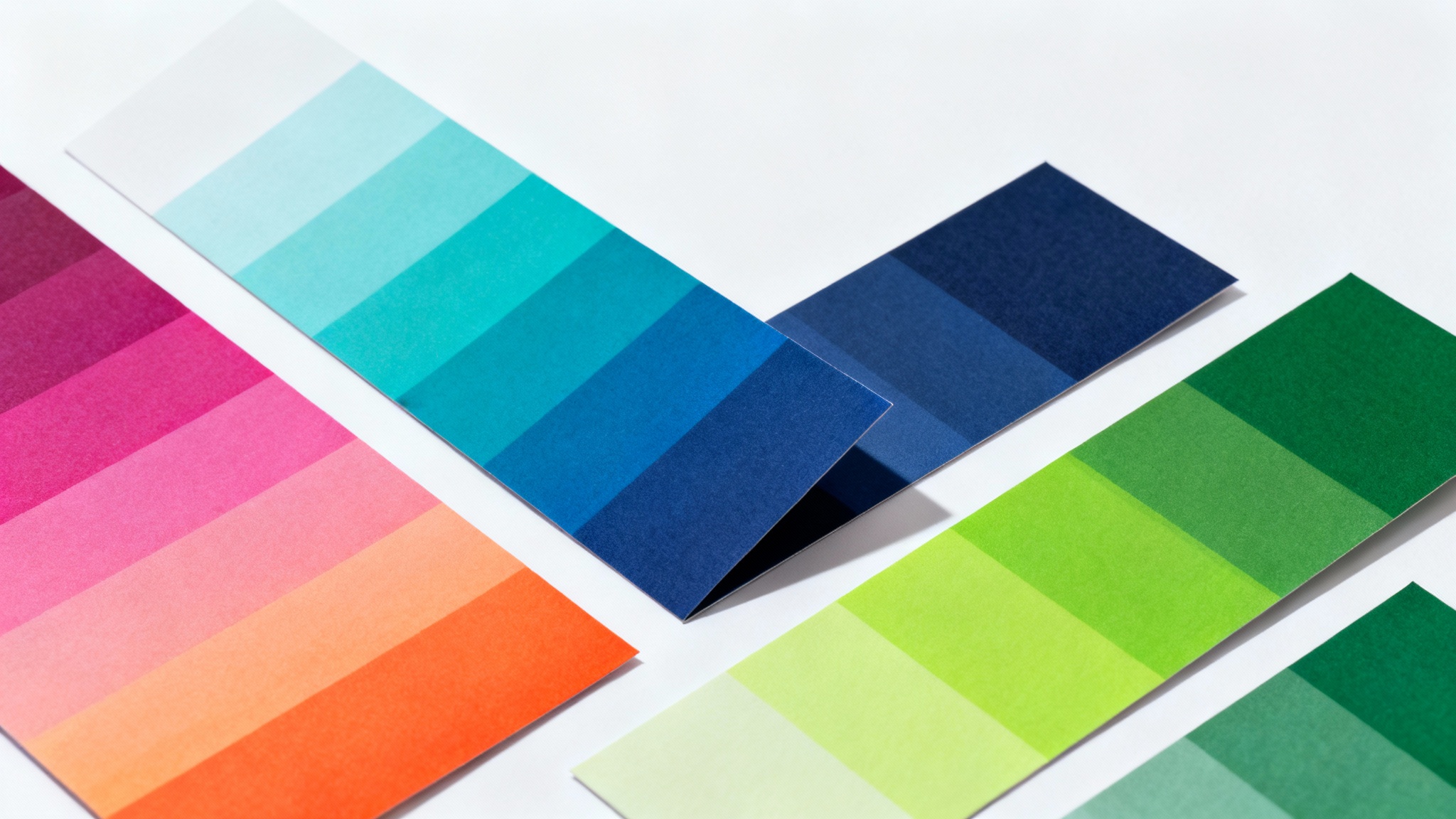 A flat lay arrangement of rectangular cards, each displaying a beautiful and smooth color gradient, set against a clean white background.