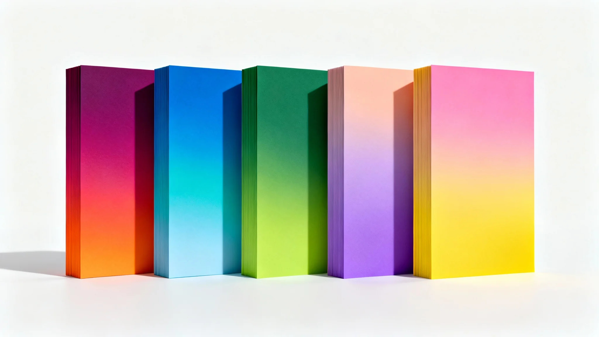A photorealistic mockup of a gradient color palette, showing five vertical cards with different smooth color gradients, set against a clean white background.