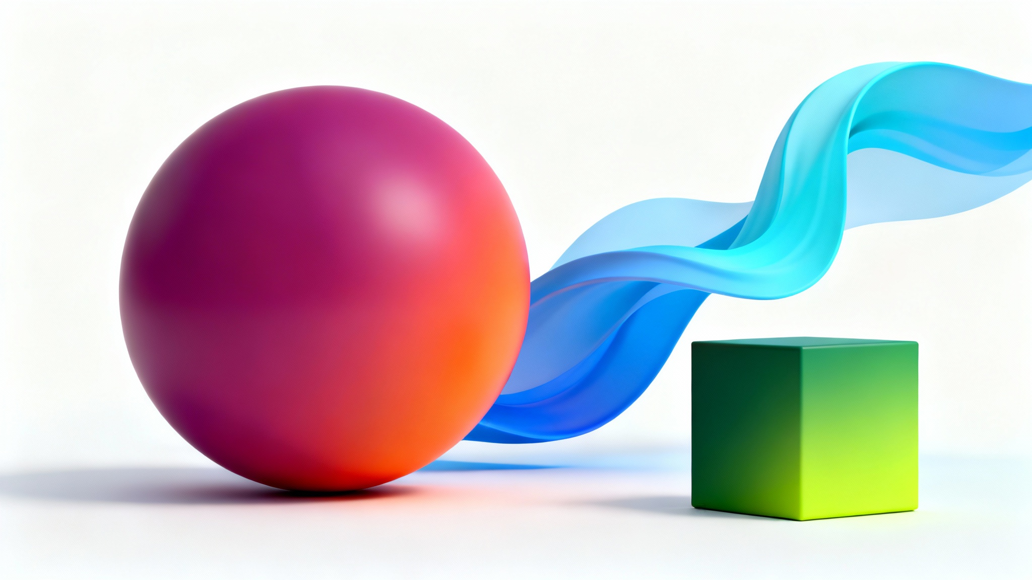 A minimalist 3D rendering of a sphere, a ribbon, and a cube on a white background, each showcasing a beautiful and distinct color gradient.