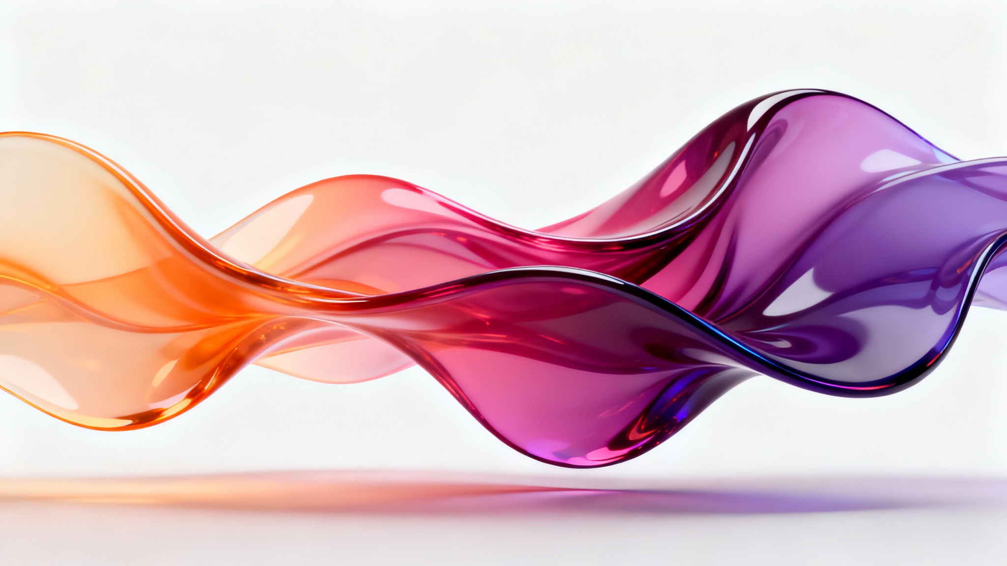 An abstract 3D rendering of flowing, glossy shapes with a vibrant color gradient from orange to purple, set against a clean white background.