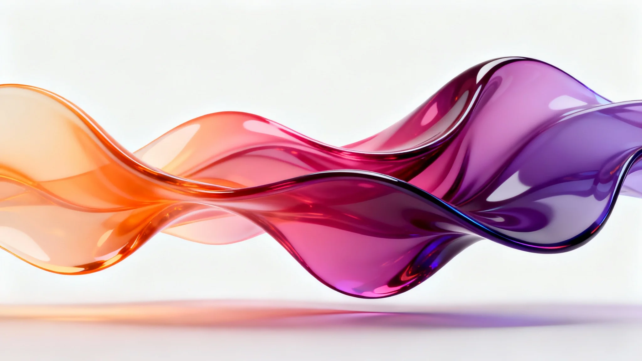 An abstract 3D rendering of flowing, glossy shapes with a vibrant color gradient from orange to purple, set against a clean white background.