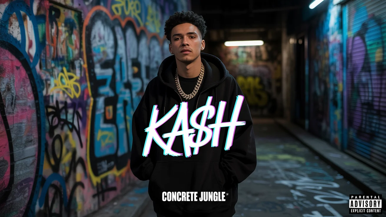 A finished trap album cover titled 'CONCRETE JUNGLE' by 'KA$H', showing the artist in a moody urban alleyway with professional graphic design and typography applied.