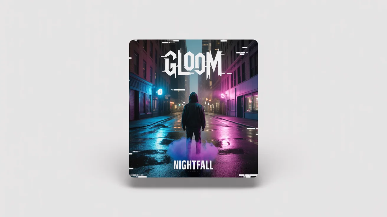 A mockup of a trap music album cover titled 'NIGHTFALL' by 'GLOOM'. The art features a hooded figure in a dark, neon-lit city alley, presented against a clean white background.