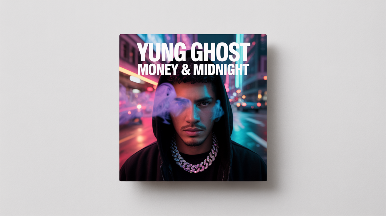 A mockup of a trap music album cover titled 'MONEY & MIDNIGHT' by 'YUNG GHOST', featuring a moody portrait of a man in a hoodie and chain, set against a dark, rainy city scene with neon lights. The cover is displayed on a clean white background.