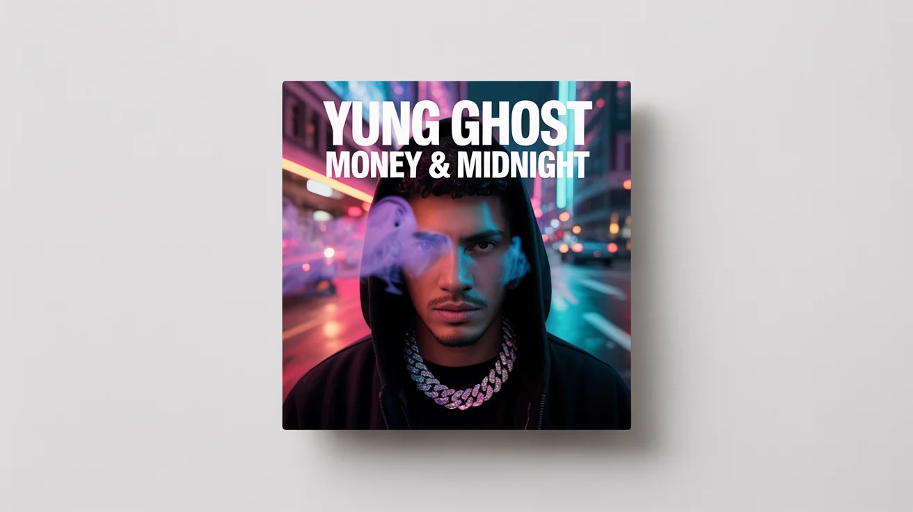 A mockup of a trap music album cover titled 'MONEY & MIDNIGHT' by 'YUNG GHOST', featuring a moody portrait of a man in a hoodie and chain, set against a dark, rainy city scene with neon lights. The cover is displayed on a clean white background.