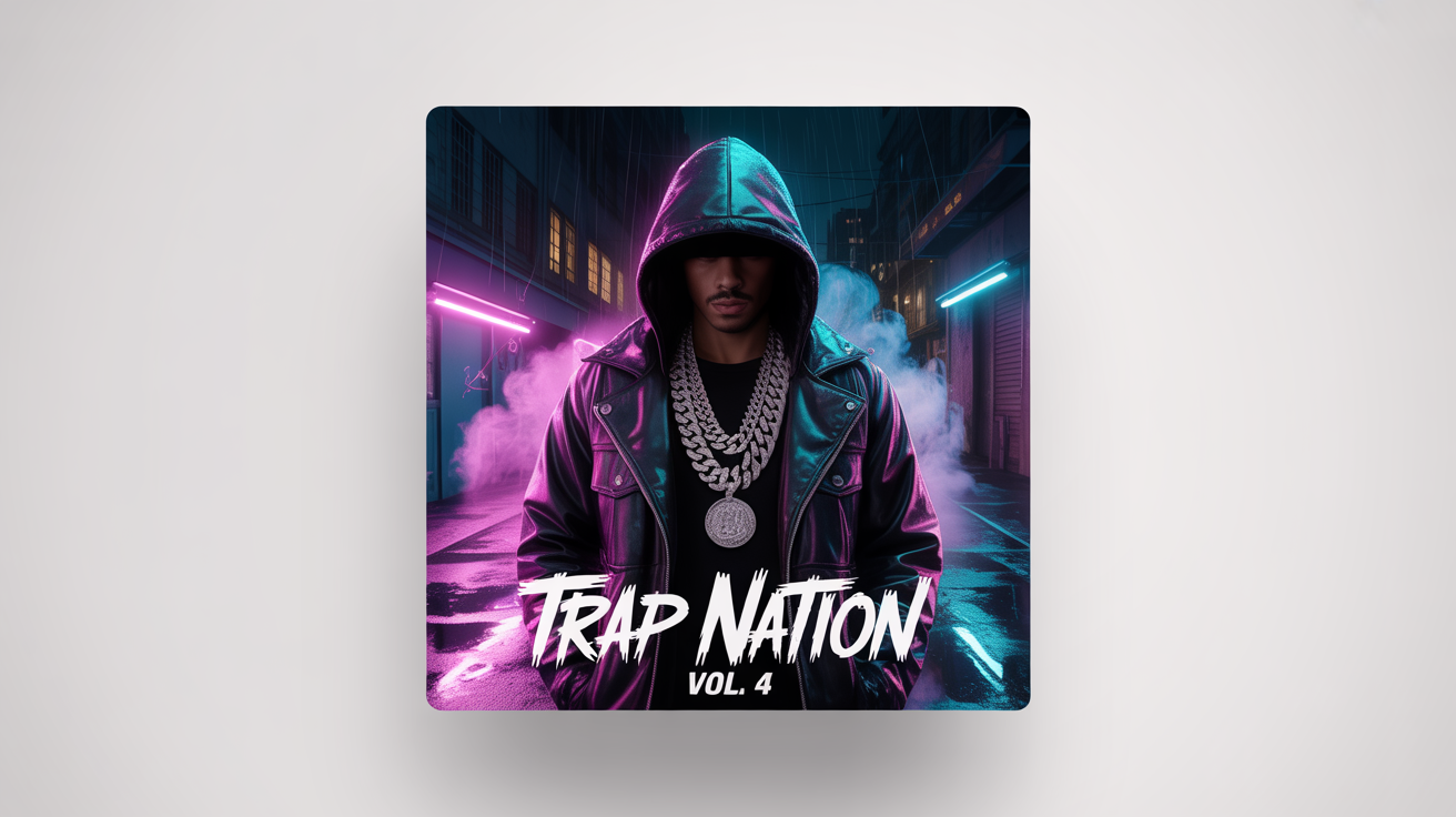A mockup of a trap music album cover for 'TRAP NATION VOL. 4'. The artwork features a mysterious figure in a hoodie and diamond chains standing in a dark, neon-lit alley at night.