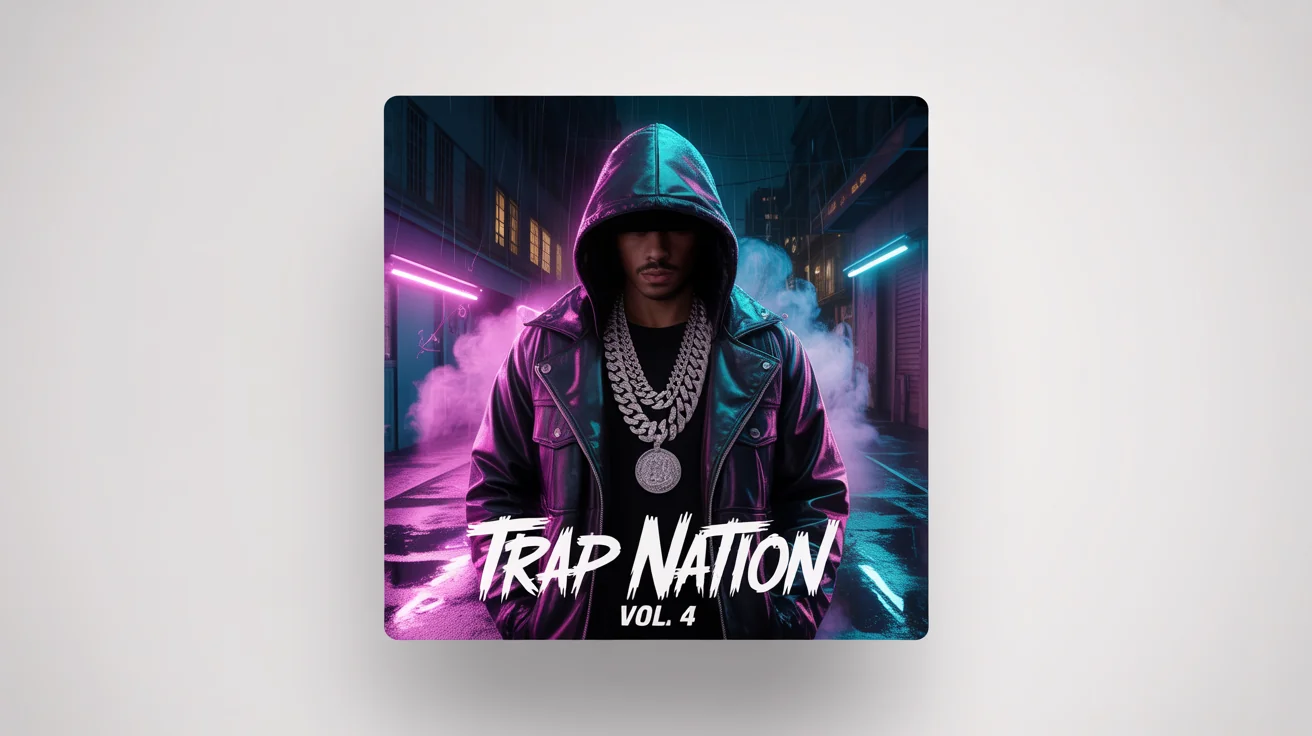 A mockup of a trap music album cover for 'TRAP NATION VOL. 4'. The artwork features a mysterious figure in a hoodie and diamond chains standing in a dark, neon-lit alley at night.