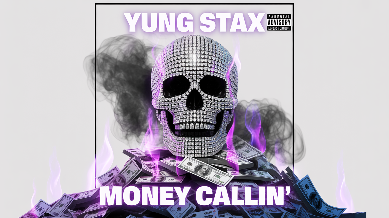 A mockup of a trap music album cover for 'MONEY CALLIN'' by 'YUNG STAX'. The art features a skull made of diamonds sitting on a pile of money with purple flames, against a dark background. The mockup is on a plain white surface.