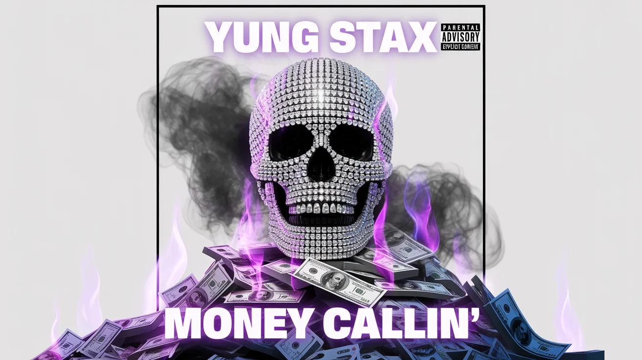 A mockup of a trap music album cover for 'MONEY CALLIN'' by 'YUNG STAX'. The art features a skull made of diamonds sitting on a pile of money with purple flames, against a dark background. The mockup is on a plain white surface.