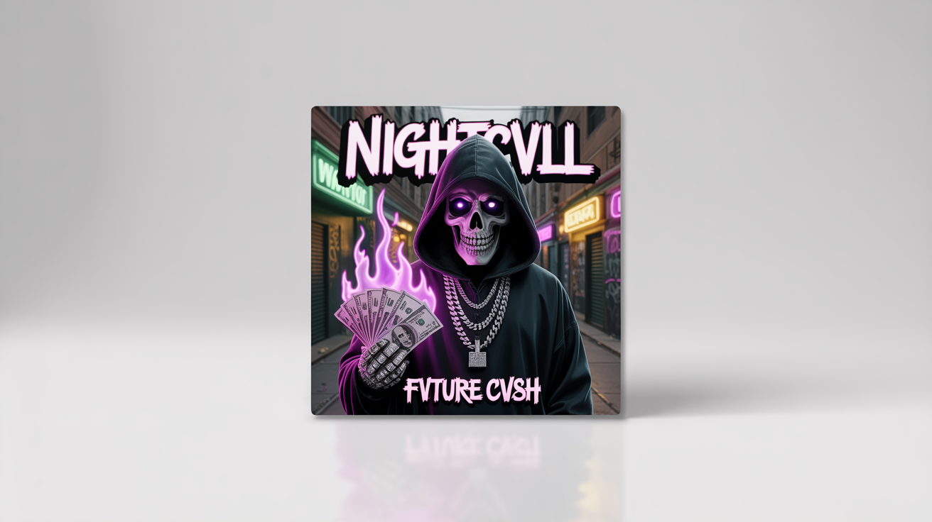 A mockup of a trap music album cover for the artist 'NIGHTCVLL' and album 'FVTURE CVSH'. The art features a grim reaper in a hoodie and chains, holding burning money in a dark alley, all displayed on a white background.