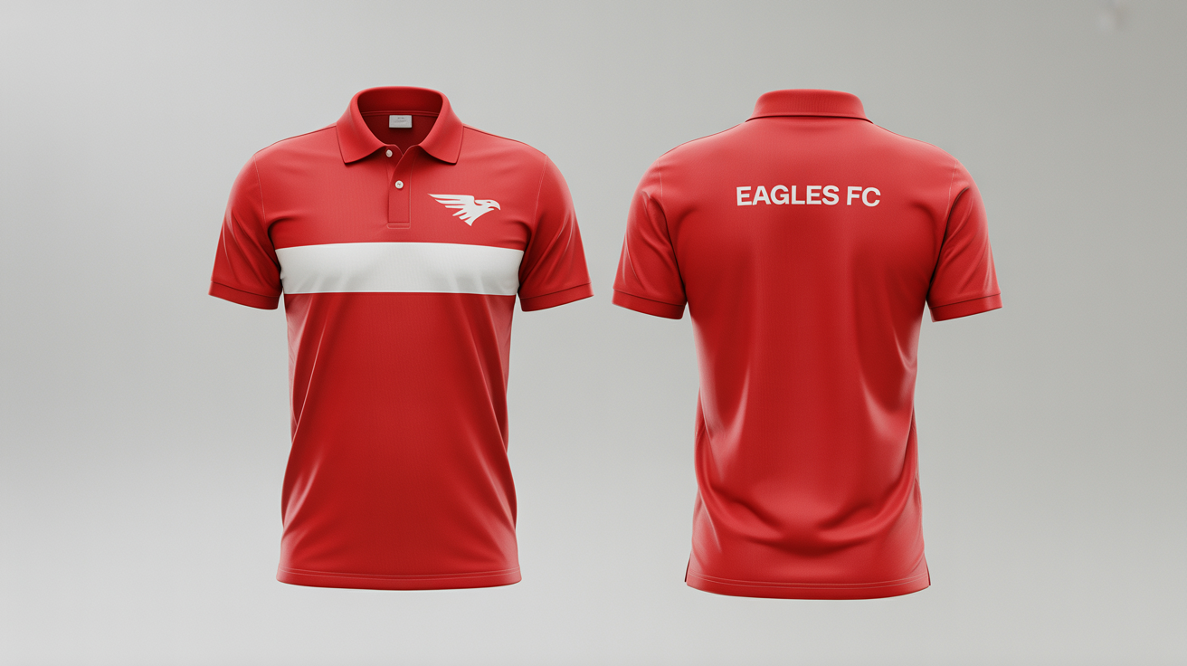 A professional product shot of a custom red and white polo shirt, showing the front and back designs on a light gray background. The front has a white stripe and an eagle logo; the back has a larger eagle logo and the text 'EAGLES FC'.