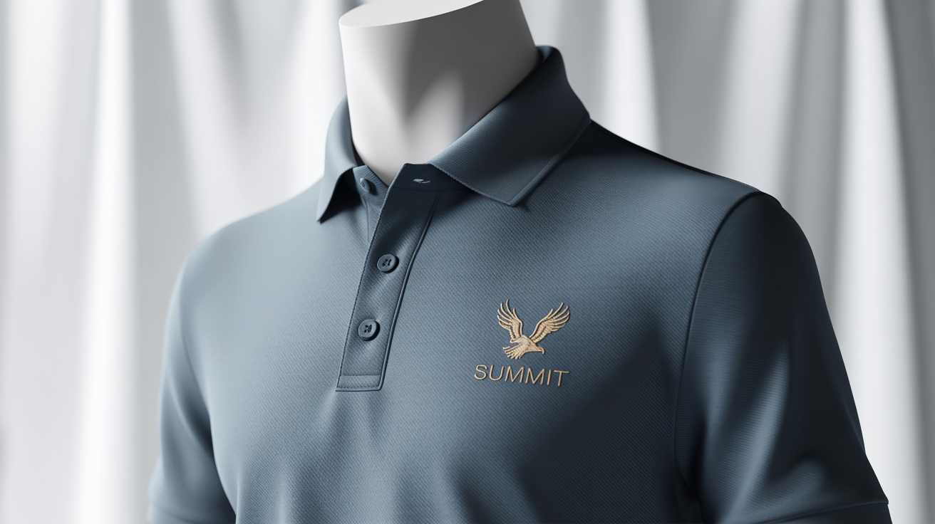 A high-quality charcoal grey custom polo shirt shown on an invisible mannequin, featuring a small embroidered golden eagle logo and the word 'SUMMIT' on the chest, against a plain white background.