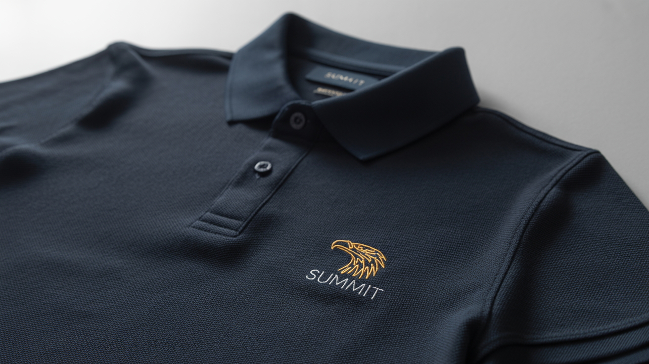 A high-quality navy blue custom polo shirt laid flat on a white background, featuring a small, detailed golden embroidered eagle logo and the word 'SUMMIT' on the chest.