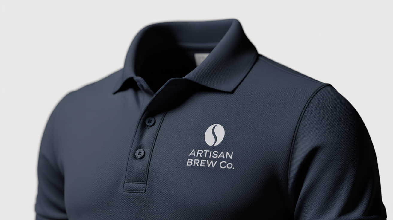 A custom navy blue polo shirt featuring an embroidered logo for 'Artisan Brew Co.', laid flat on a white background in a product mockup.