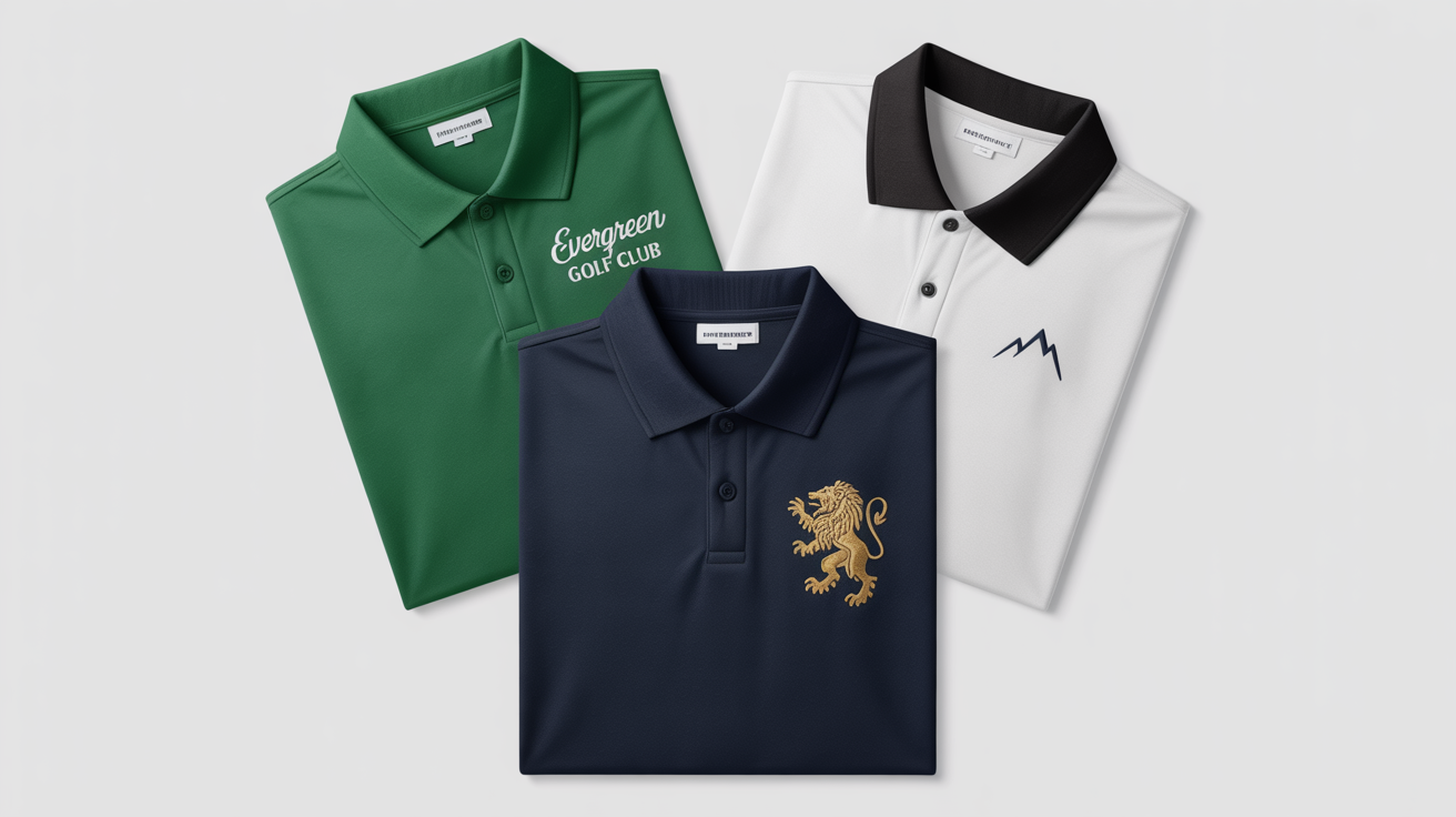 A flat lay of three custom-designed polo shirts on a white background, showcasing different colors, embroidered logos, and custom text for a polo shirt customizer.