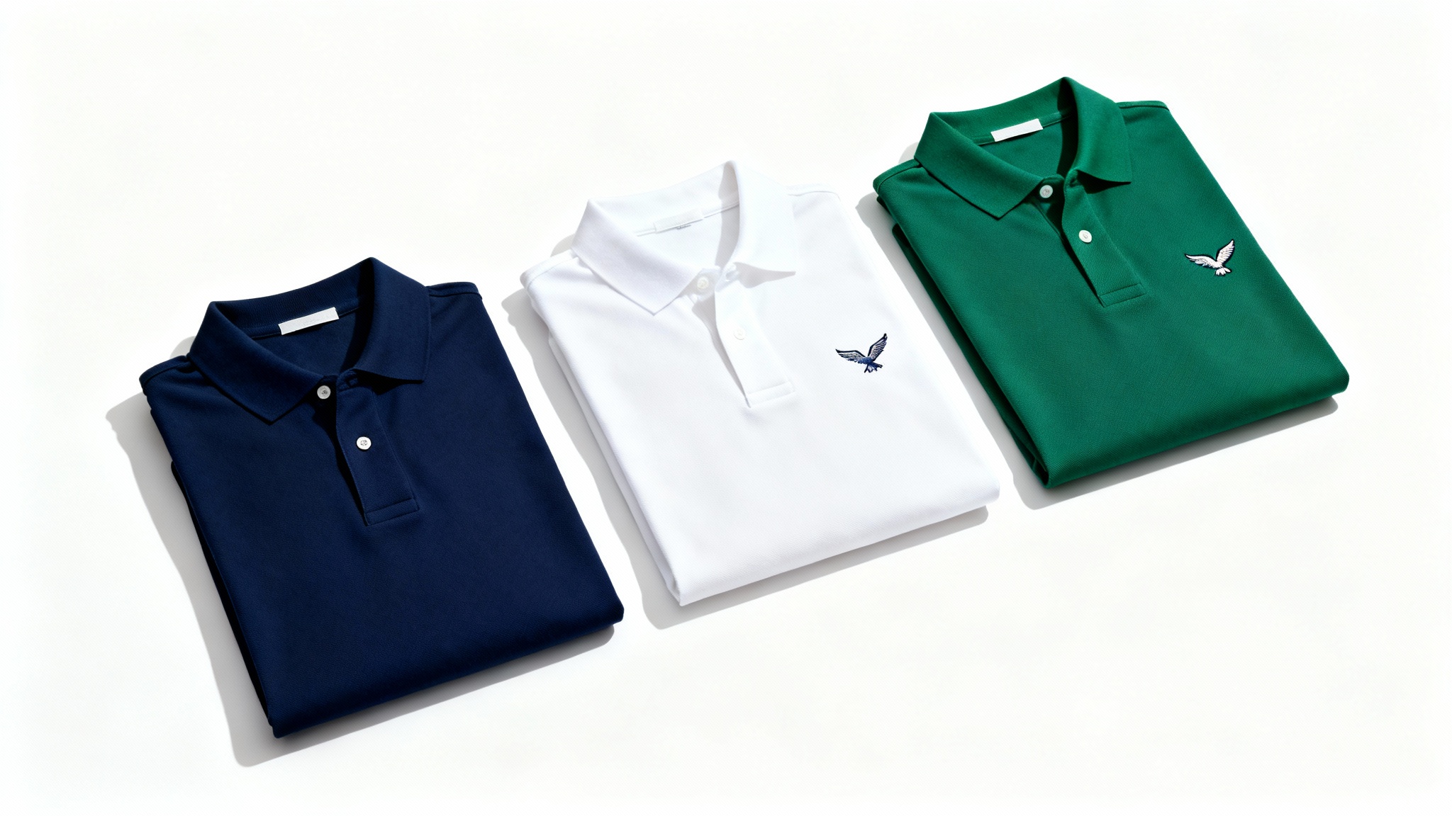 A professional flat lay of three folded polo shirts in navy blue, white with an embroidered eagle logo, and forest green, displayed on a clean white background.