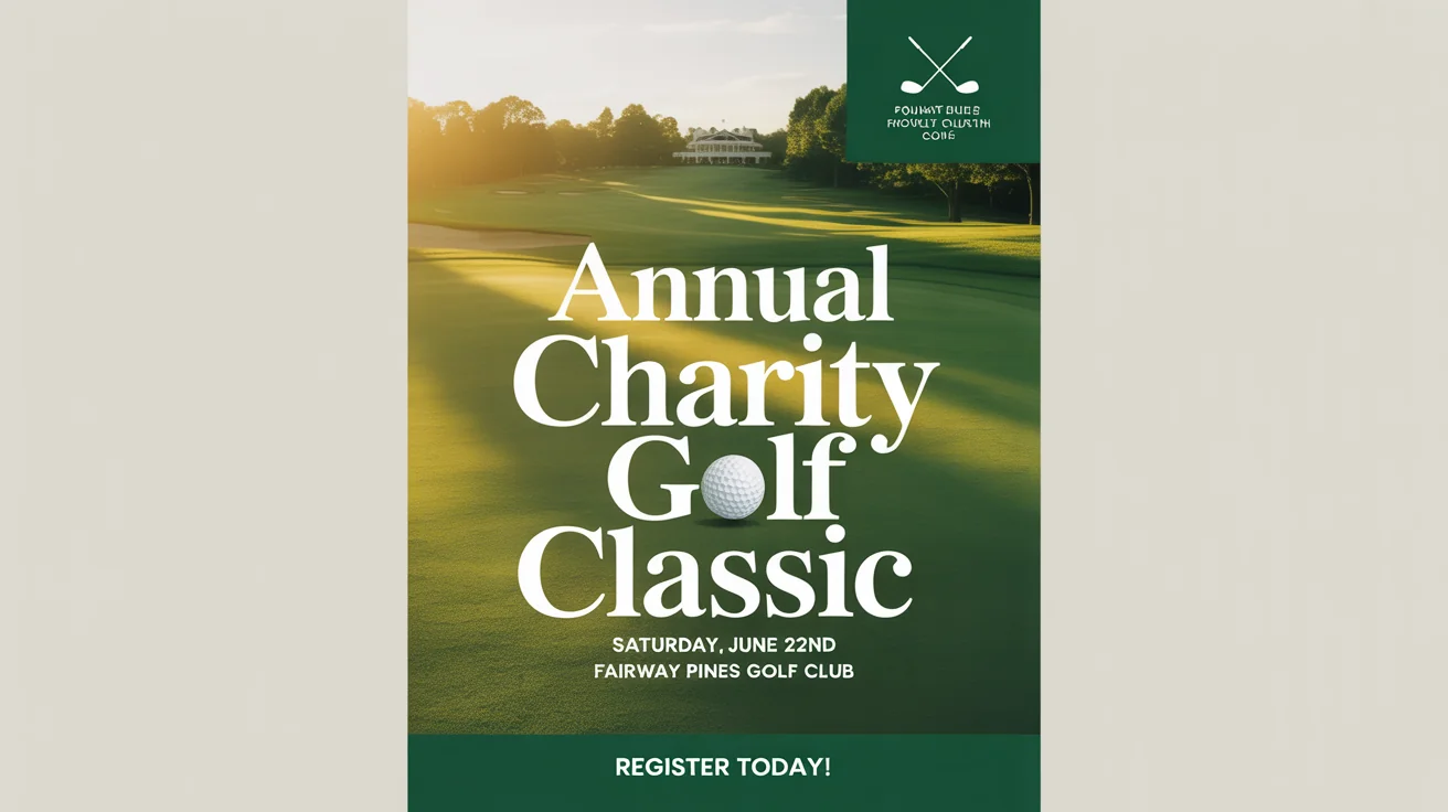 A professionally designed flyer for an 'Annual Charity Golf Classic' event. The flyer has a green and white color scheme and features a background image of a sunny golf course.