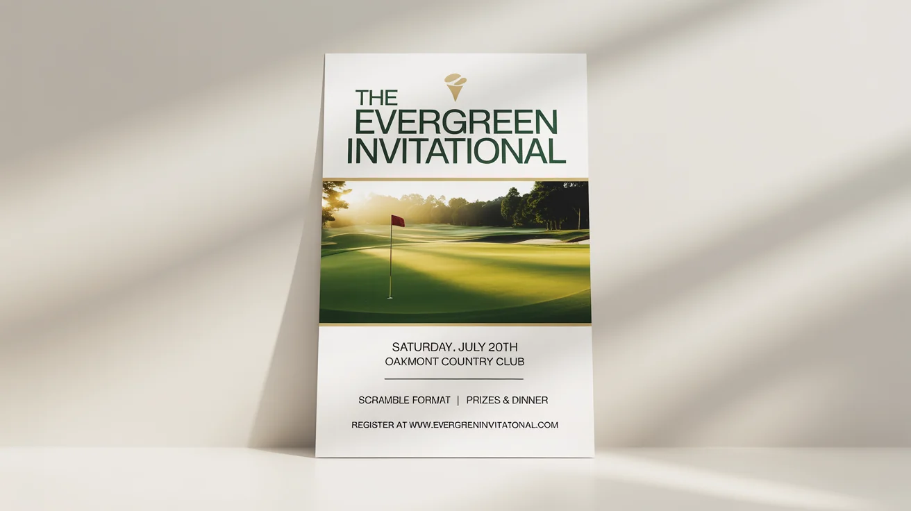 A professional mockup of an elegant golf tournament flyer for 'The Evergreen Invitational', featuring a picture of a pristine golf green and event details, displayed against a plain white background.