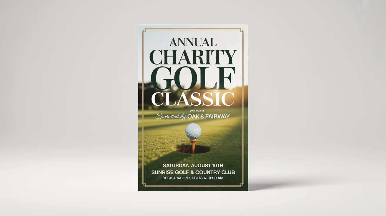 A professionally designed flyer for an 'Annual Charity Golf Classic' tournament, shown as a mockup against a white background. The flyer features an image of a golf course and gold-accented text.