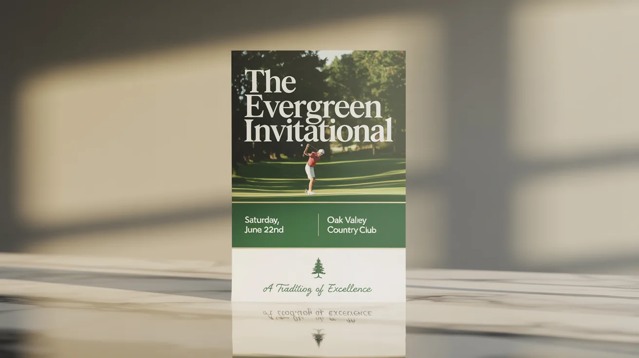 A professional mockup of a modern golf tournament flyer titled 'The Evergreen Invitational', featuring a photo of a golfer on a course, displayed on a clean white background.