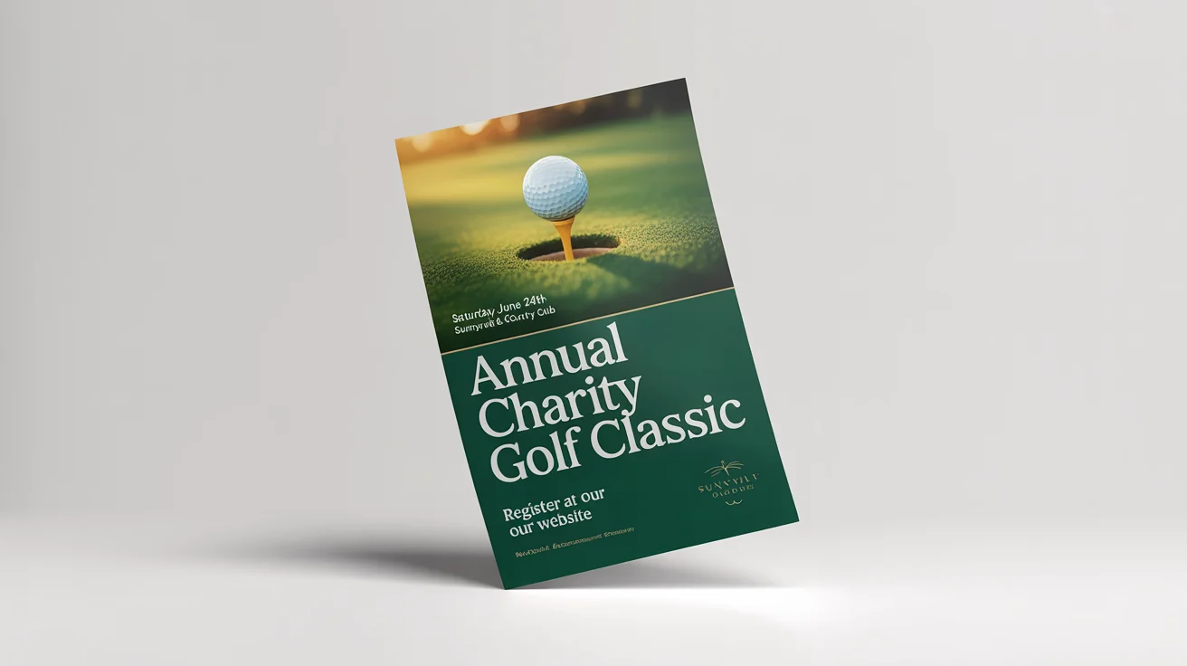 A professional mockup of a flyer for the 'Annual Charity Golf Classic' golf tournament, featuring a golf ball on a pristine green, set against a clean white background.