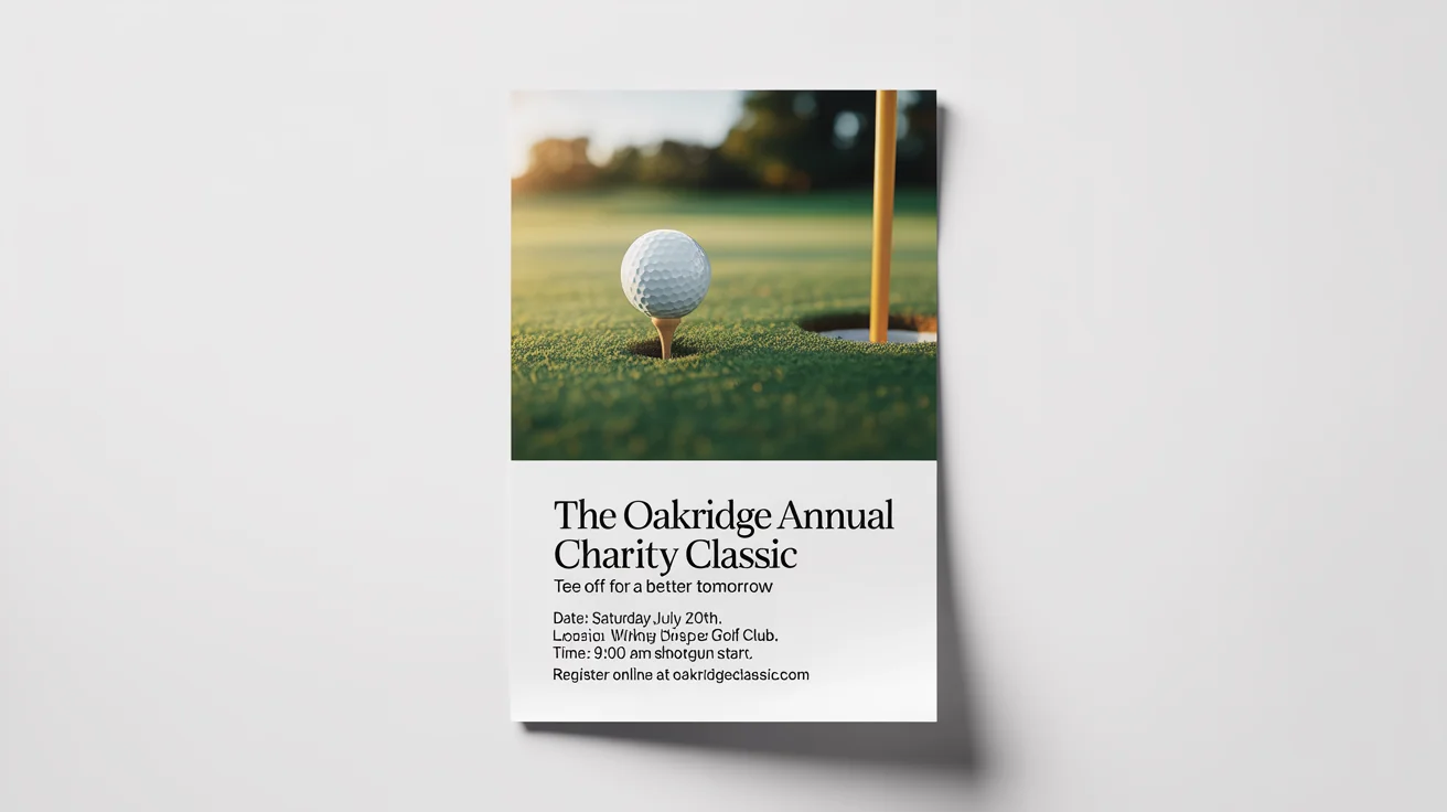 A professionally designed mockup of a golf tournament flyer for 'The Oakridge Annual Charity Classic', showing a golf ball on a green and event details against a clean white background.
