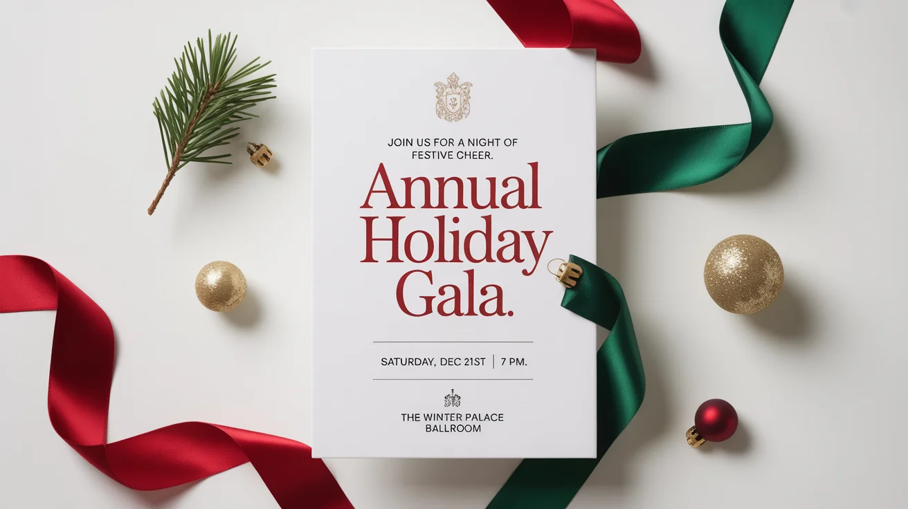 A professionally designed Christmas gala flyer laid on a clean white surface, surrounded by small festive decorations like a pine branch and gold ornaments.