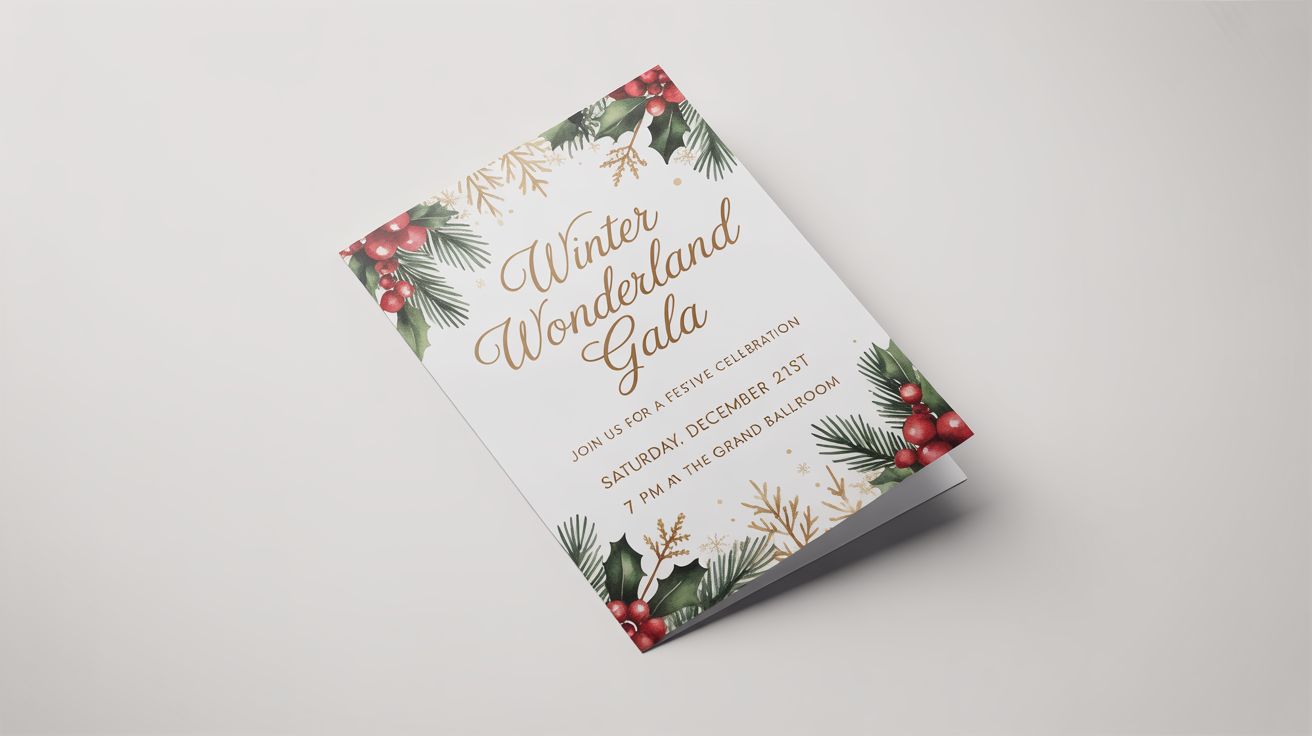 An elegant Christmas party flyer mockup for a 'Winter Wonderland Gala', displayed on a white background. The design features festive red, green, and gold colors with illustrations of holly and snowflakes.