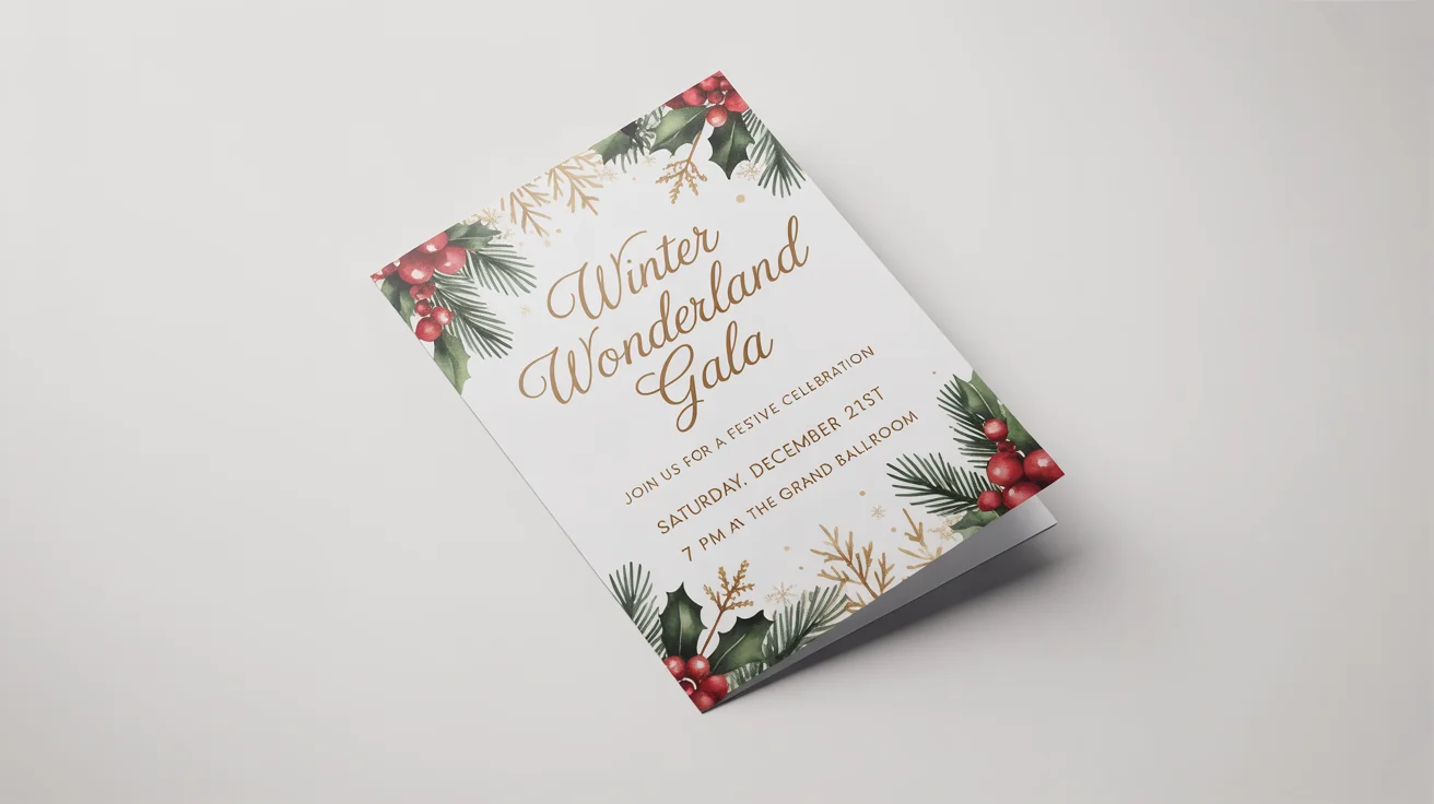 An elegant Christmas party flyer mockup for a 'Winter Wonderland Gala', displayed on a white background. The design features festive red, green, and gold colors with illustrations of holly and snowflakes.