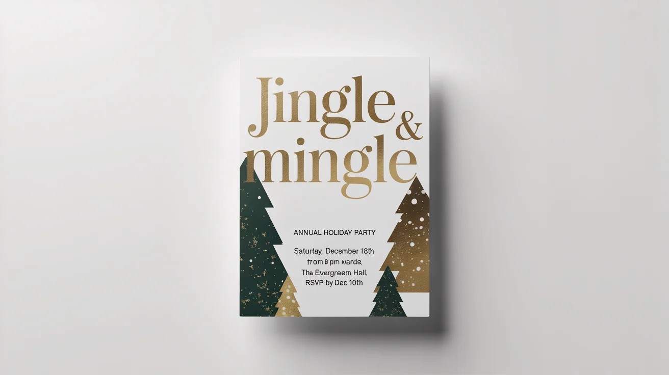 A mockup of a modern and elegant Christmas party flyer with the title 'Jingle & Mingle', featuring gold and green minimalist illustrations on a white background.