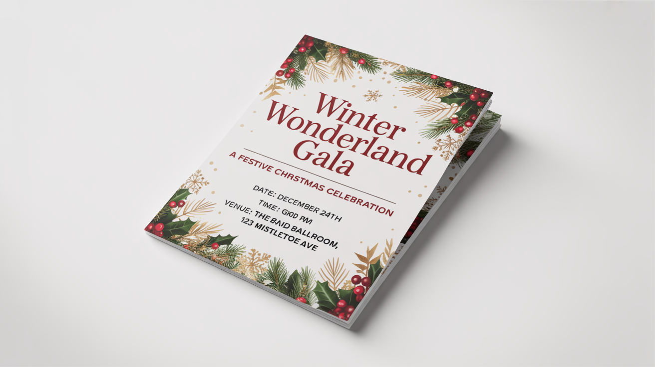A professionally designed Christmas flyer for a 'Winter Wonderland Gala' event, shown flat on a white background with festive red, green, and gold accents.
