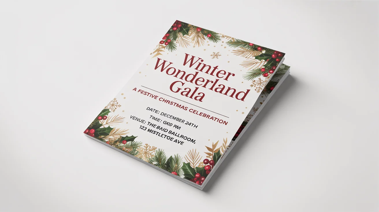 A professionally designed Christmas flyer for a 'Winter Wonderland Gala' event, shown flat on a white background with festive red, green, and gold accents.