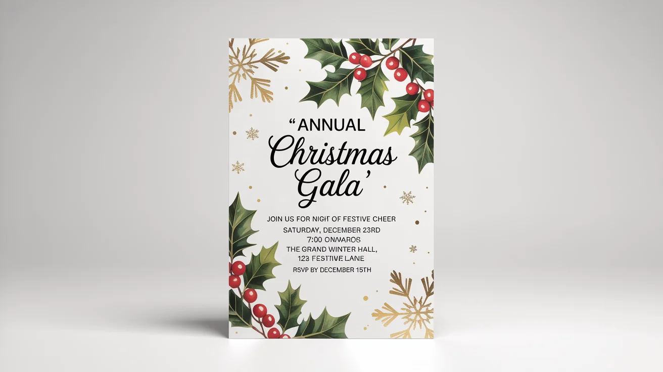 A professional mockup of a modern Christmas gala flyer on a white background, featuring elegant typography and watercolor holly.