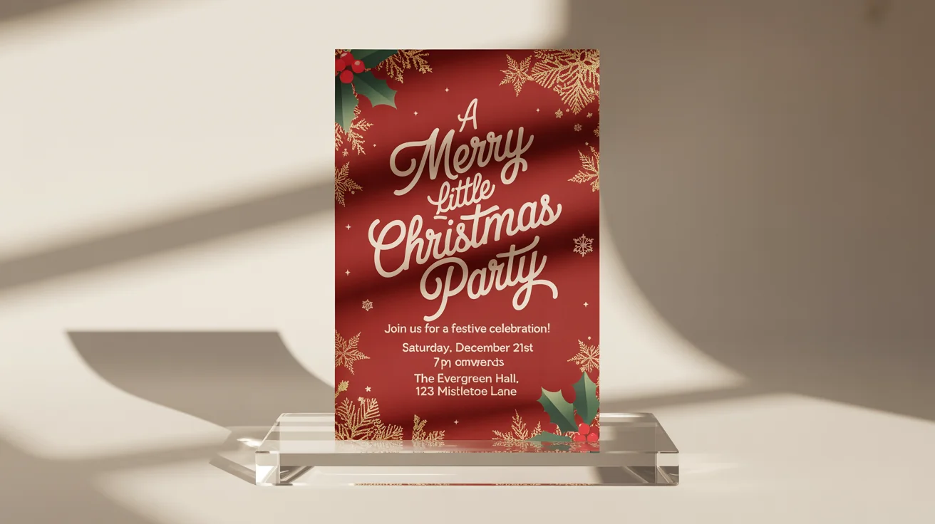A festive Christmas party flyer mockup on a white background. The red flyer features elegant white and gold text with event details for 'A Merry Little Christmas Party'.