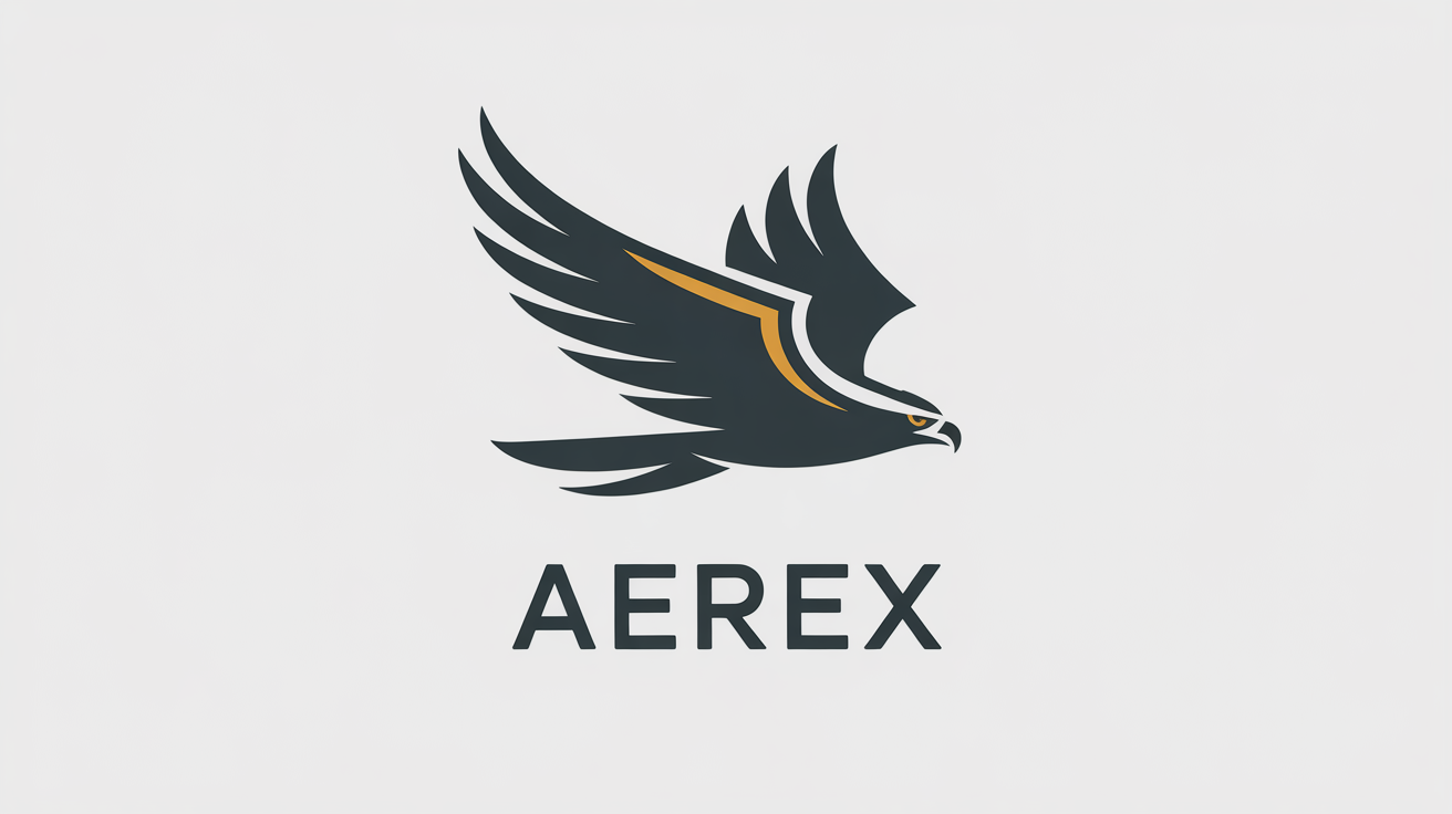 A modern, professional logo of a stylized hawk in charcoal gray and metallic gold. The fictional brand name 'AEREX' is displayed below the icon, all on a clean white background.