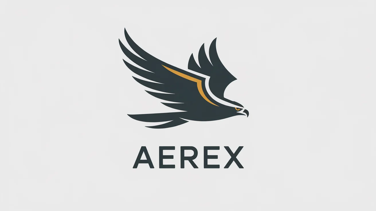 A modern, professional logo of a stylized hawk in charcoal gray and metallic gold. The fictional brand name 'AEREX' is displayed below the icon, all on a clean white background.