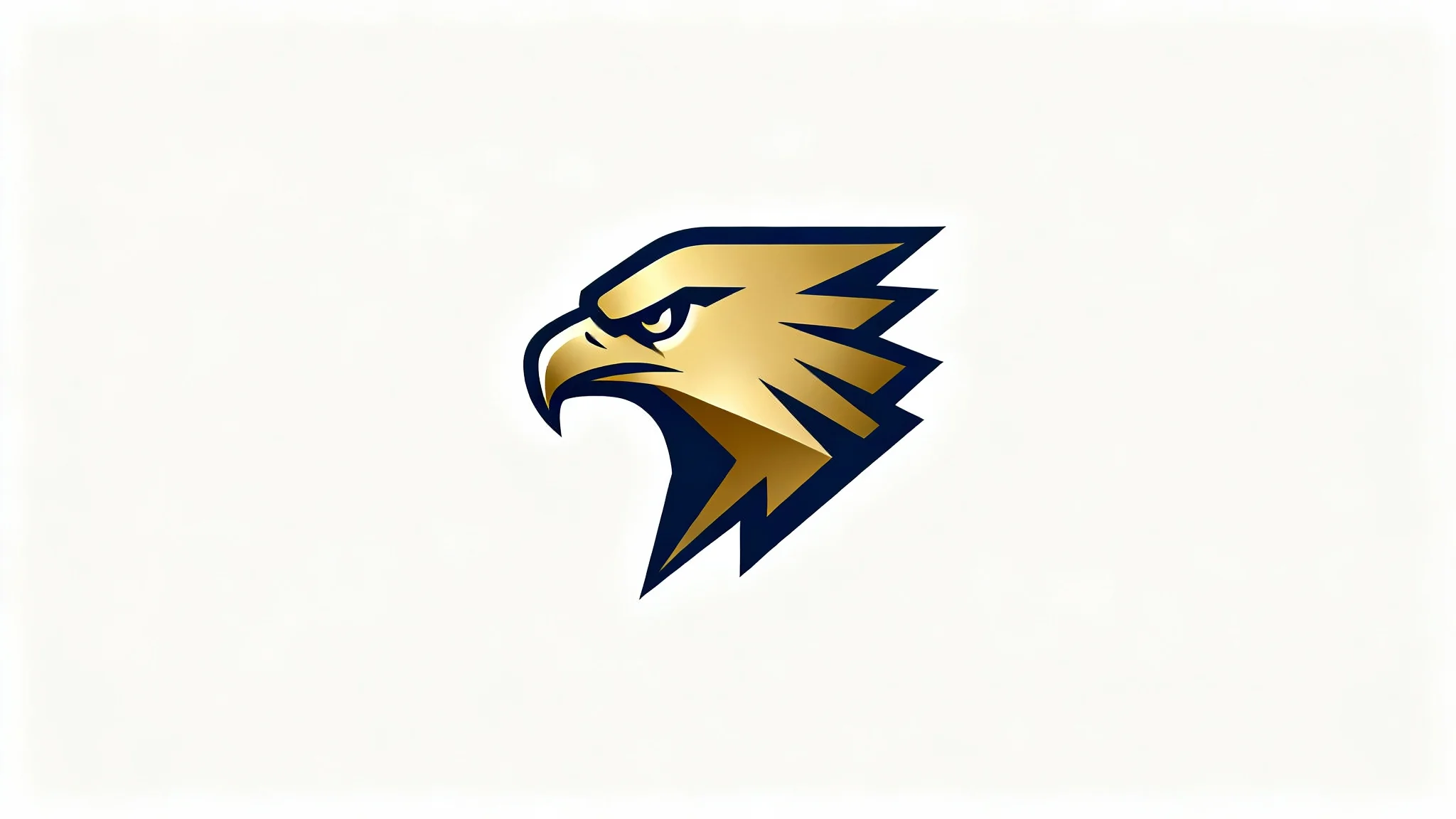 A modern, minimalist logo of a hawk's head in profile, designed with geometric shapes in metallic gold and navy blue, set against a clean white background.